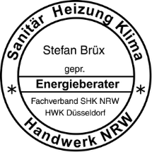 Rundes Siegel mit dem Text "Sanitär Heizung Klima" und "Stefan Brüx" in der Mitte